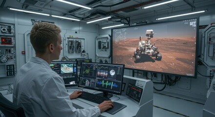 Monitoring Mars Rover Mission Control: A focused scientist monitors data from a Mars rover mission on a large screen in a high-tech control room.