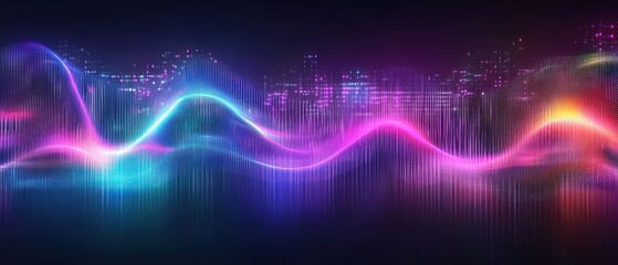Fototapeta premium Vibrant soundwave graphic overlaid on a city skyline backdrop