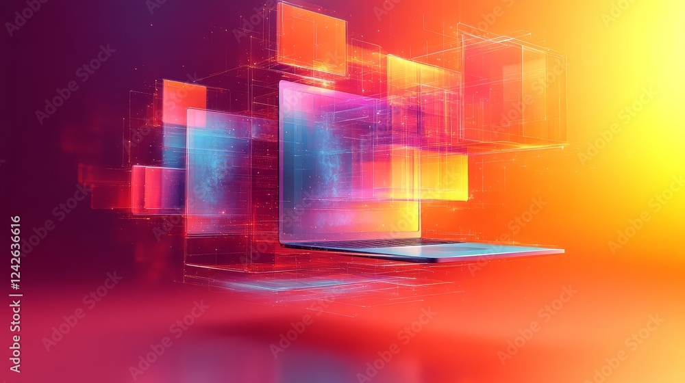 Poster abstract digital technology background with floating geometric shapes and vibrant colors.