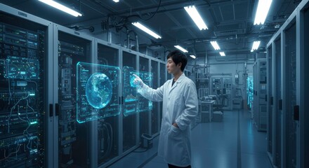 Scientist Interacting with Holographic Global Data: A scientist in a white lab coat interacts with a holographic projection of a global data map in a high-tech server room.