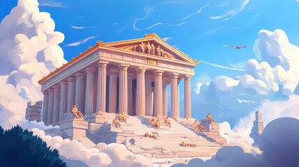 Temple of the Clouds: A majestic ancient Greek temple stands proudly on a platform of clouds, bathed in the warm glow of a sun-drenched sky.