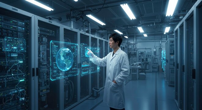 Scientist Interacting with Holographic Global Data: A scientist in a white lab coat interacts with a holographic projection of a global data map in a high-tech server room.