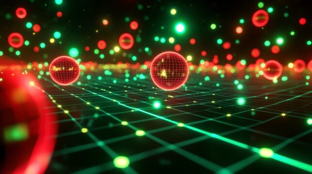 A futuristic scatter plot with glowing data points in vibrant red and green floating over a dark 3D grid