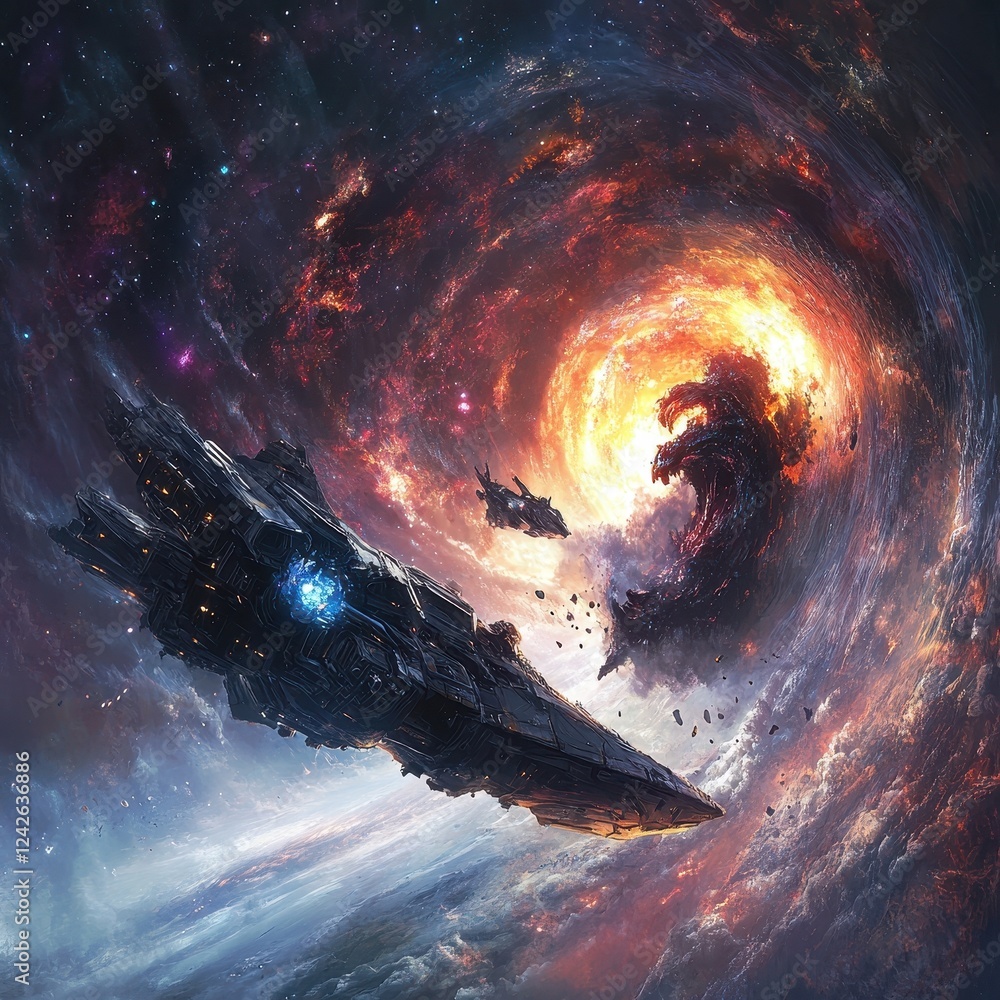 Poster spaceships navigate fiery cosmic nebula near exploding star
