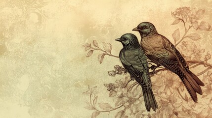 Fototapeta premium Two Birds on Branch - Elegant illustration of two birds perched on a flowering branch, set against a beige textured background. A romantic and peaceful scene.