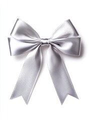 Naklejka premium Silver Satin Bow Isolated on White - Elegant silver satin ribbon bow, tied perfectly, signifying celebration, elegance, gifting, sophistication, and festivity.