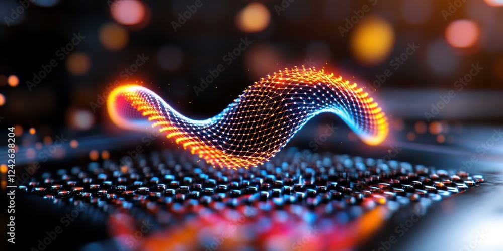 Poster dynamic abstract energy wave digital art vivid color spectrum high-tech environment close-up view vi