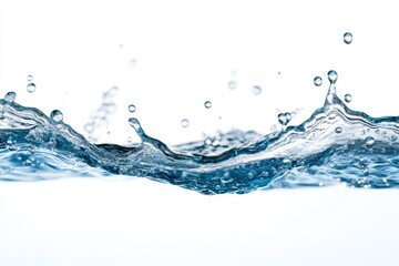 Blue water splash, waves, droplets, white background, purity, advertisement
