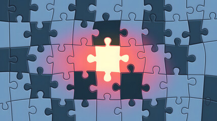 Naklejka premium A puzzle with the final piece glowing as it is placed in position.