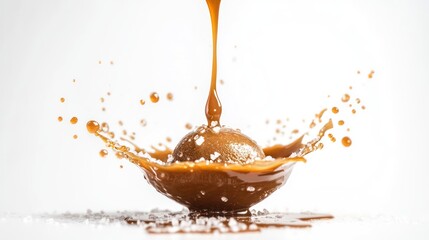 A luxurious caramel gelato scoop with a drizzle of salted caramel sauce and a few flakes of sea salt, captured from a close-up front angle on a white background
