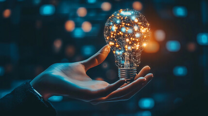AI and machine learning are represented by a robot and a human hand touching, symbolizing a big data network in a light bulb, representing creativity in science and technology.