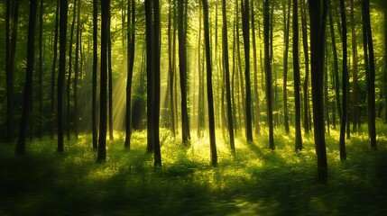 Naklejka premium Sunlight Filtering Through Dense Forest Trees