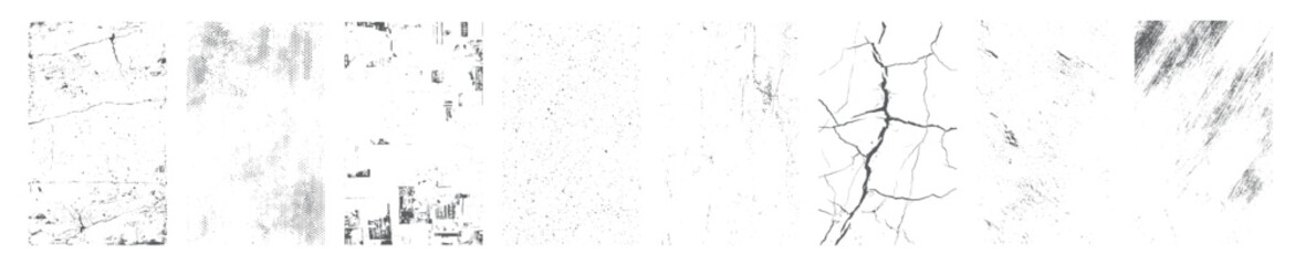 Overlay textures set stamp with grunge effect. Old damage Dirty grainy and scratches. Set of different distressed black grain texture. Distress overlay vector textures.	