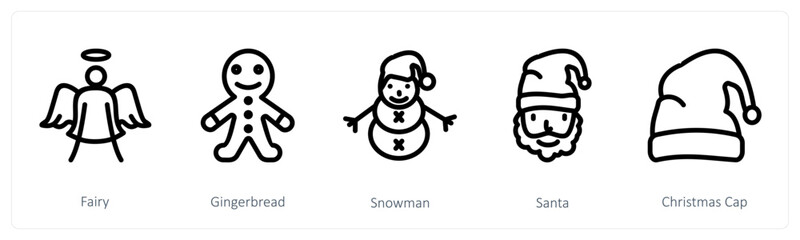 A set of 5 christmas icons as fairy, gingerbread, snowman