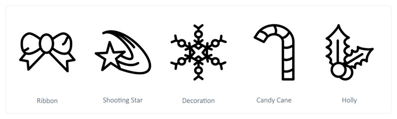 A set of 5 christmas icons as ribbon, shooting star, decoration
