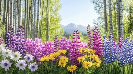Obraz premium Mountain Meadow Wildflowers: A vibrant tapestry of wildflowers, including pink, purple, and yellow lupines.