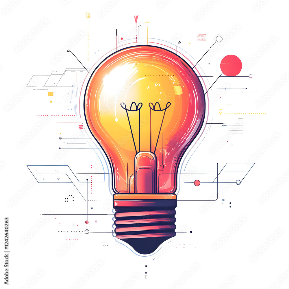 Poster bright light bulb with abstract design and colorful elements