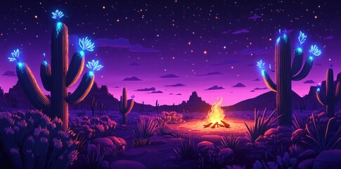 Obraz premium Glowing Cactus Desert Night Campfire Scene