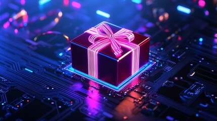 Digital Gift Box on Circuit Board - Futuristic gift, technology, surprise, innovation, reward.  A vibrant gift box rests on a glowing circuit board