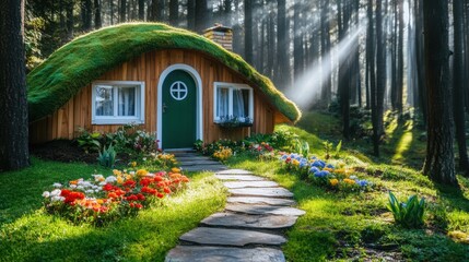 Fototapeta premium Enchanted Woodland Cottage: A quaint, moss-covered cottage nestled amidst a serene woodland, bathed in the ethereal glow of morning light, evokes a sense of tranquility and wonder.