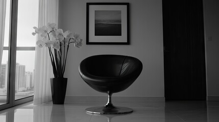 High-end living room with a monochrome color scheme and a single oversized picture frame.