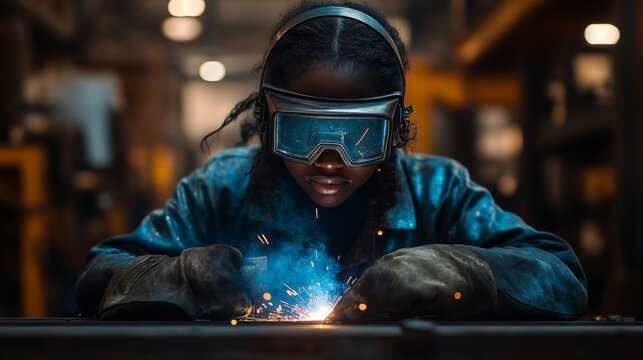 Black woman welder in protective gear working with sparks flying in industrial workshop showing skilled trade and manufacturing