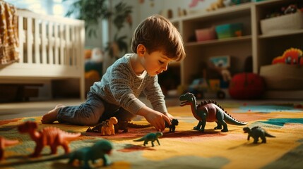 Fototapeta premium little boy playing with toy dinosaurs