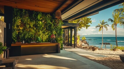 Fototapeta premium High-end resort entrance with a modern vertical garden wall, luxurious lighting, and a natural aesthetic.