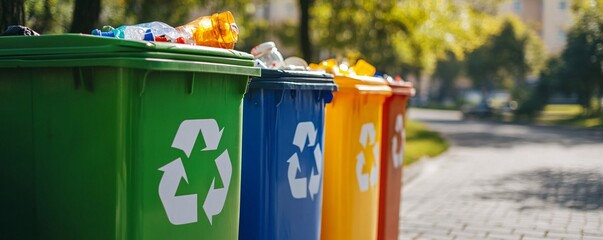 Plastic waste bins for sorting garbage in the park under the summer sun