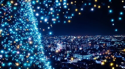 Naklejka premium Sparkling Cityscape Christmas Tree Lights Night View