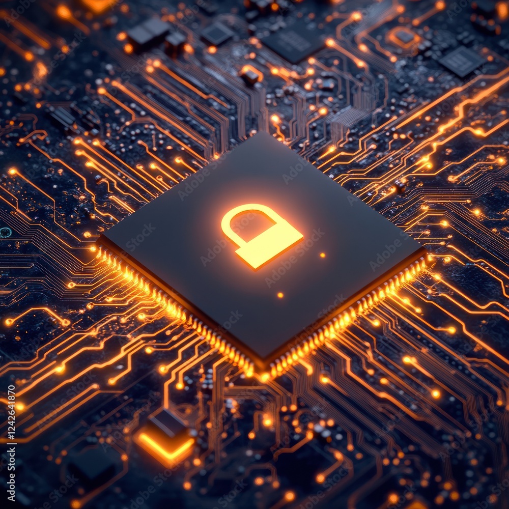 Poster secure processor chip glowing on circuit board; data protection concept