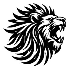 Obraz premium A logo of a roaring lion's head, with a stylized mane. This black and white illustration is likely a design element for branding.