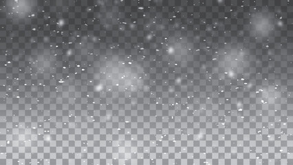 Falling snowflakes in transparent beauty, delicate and small, isolated on a clear background. Snowflake elements, snowy backdrop. Vector illustration of intense snowfall, snowflakes