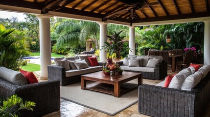 Obraz premium Luxurious villa outdoor lounge with tropical plants, modern furniture, and a relaxing vibe.