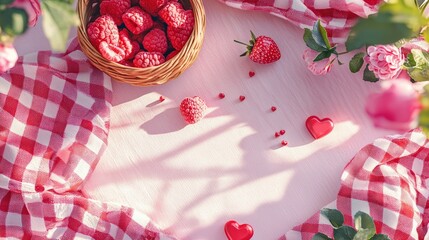 Valentine mockup card and heart background minimal. Basket of Raspberries Strawberry and Hearts Romantic Setting on Pink Tablecloth Red Gingham Pattern.