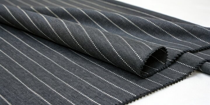 Dark gray wool suiting fabric with thin horizontal stripes in white, formal wear, suit fabric, professional clothing, formal occasion