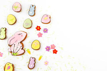 Easter gingerbread on white background, festive background with space for text.