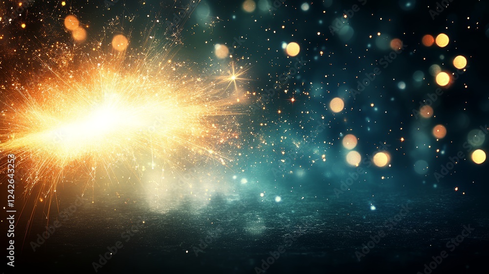 Poster sparkling fireworks display against dark bokeh background