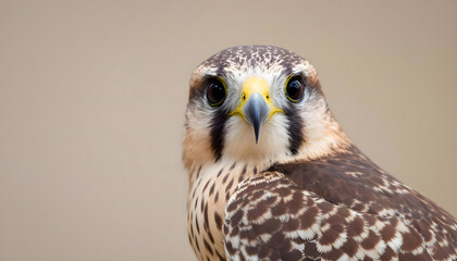 Obraz premium A close-up of a falcon with a distinctive patterned plumage featuring shades of brown and cream