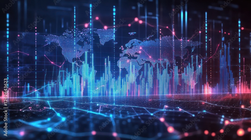 Poster abstract digital world map with vibrant data visualizations