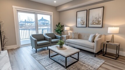 Fototapeta premium Modern and chic living room with a monochromatic color scheme, marble coffee table, and stylish wall art.