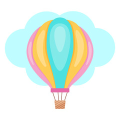 Naklejka premium Colorful hot air balloon floating in the sky with a cloud. Perfect for children's books, travel posters, and adventure-themed designs.
