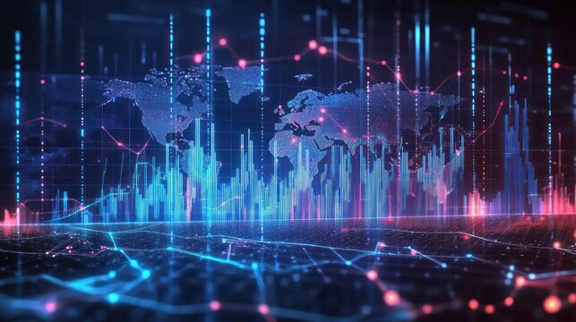 Abstract digital world map with vibrant data visualizations