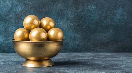 Golden Decorative Balls in a Bowl on Dark Stone Surface for Elegant Interior Design