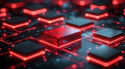 Fototapeta premium Red cube network data center glowing circuits technology