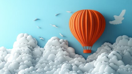 Obraz premium An Orange Hot Air Balloon Soaring Through a Paper-Cut Cloud Sky, Surrounded by Paper Birds in Flight: A Whimsical Journey of Dreams and Imagination