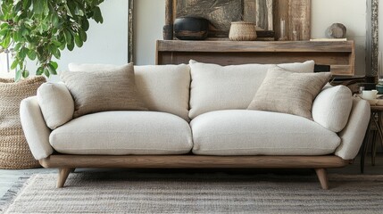 Modern living room with a cozy neutral-toned sofa, wooden coffee table, and stylish dcor elements.