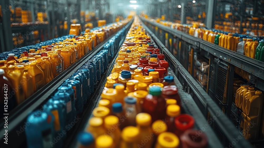 Poster colorful array of condiment bottles on a production line in a busy factory setting