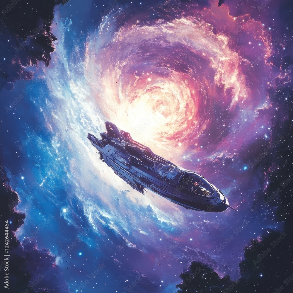 Poster spaceship navigating a cosmic nebula vortex
