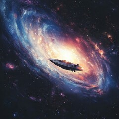 Obraz premium Spaceship Navigating a Colorful Cosmic Spiral Galaxy